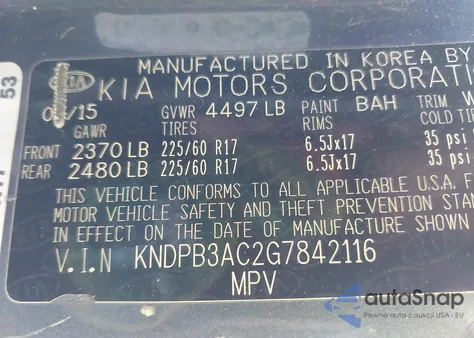 2016 Kia Sportage Lx z USA, uszkodzony, nr VIN KNDPB3AC2G7842116